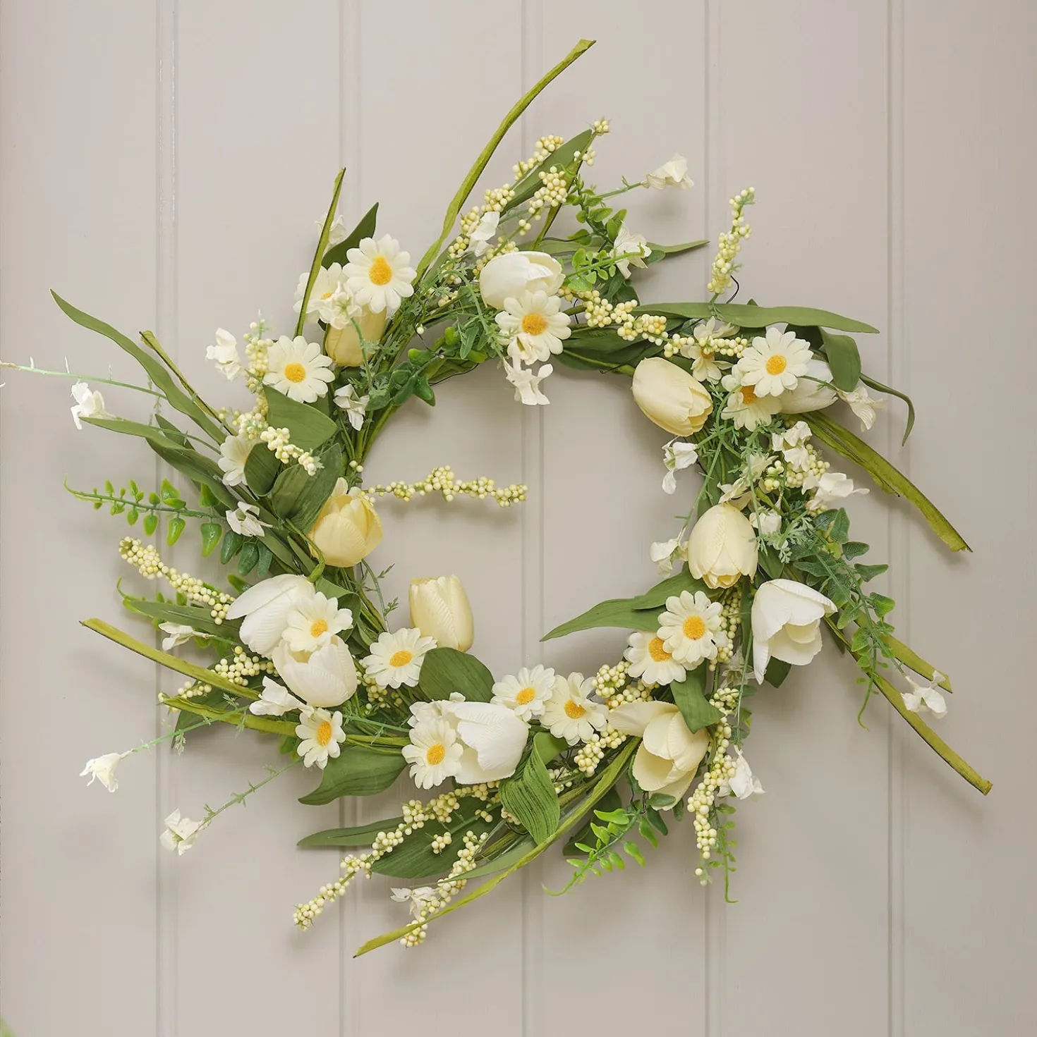 45cm LED‑Frühlingskranz mit Tulpen & Gänseblümchen in Gelb