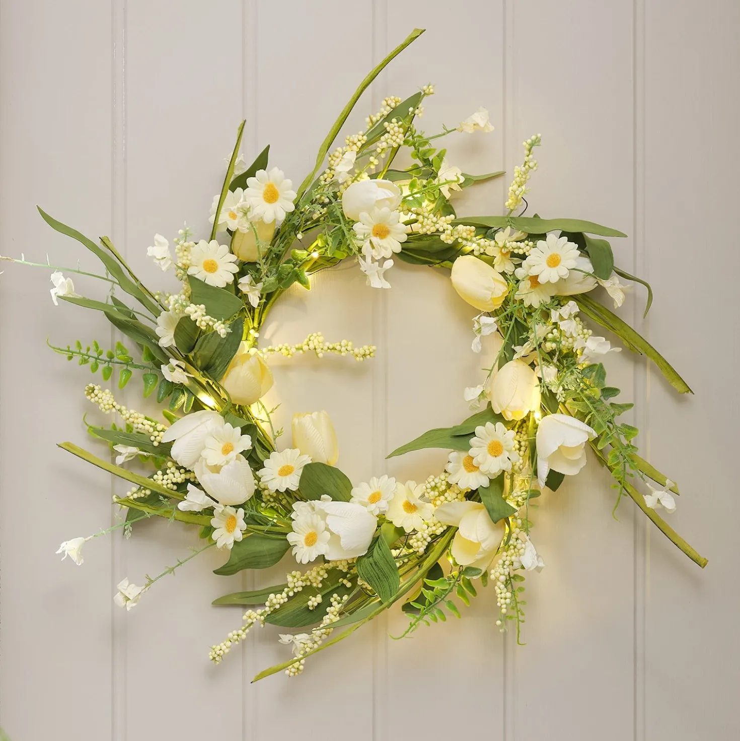 45cm LED‑Frühlingskranz mit Tulpen & Gänseblümchen in Gelb