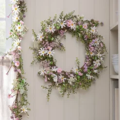 2er Set LED-Blumenkranz & Girlande mit Margeriten in Pastell