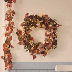 2er Set LED Herbstkranz mit Girlande 40 LEDs und Timer in Braun und Grün