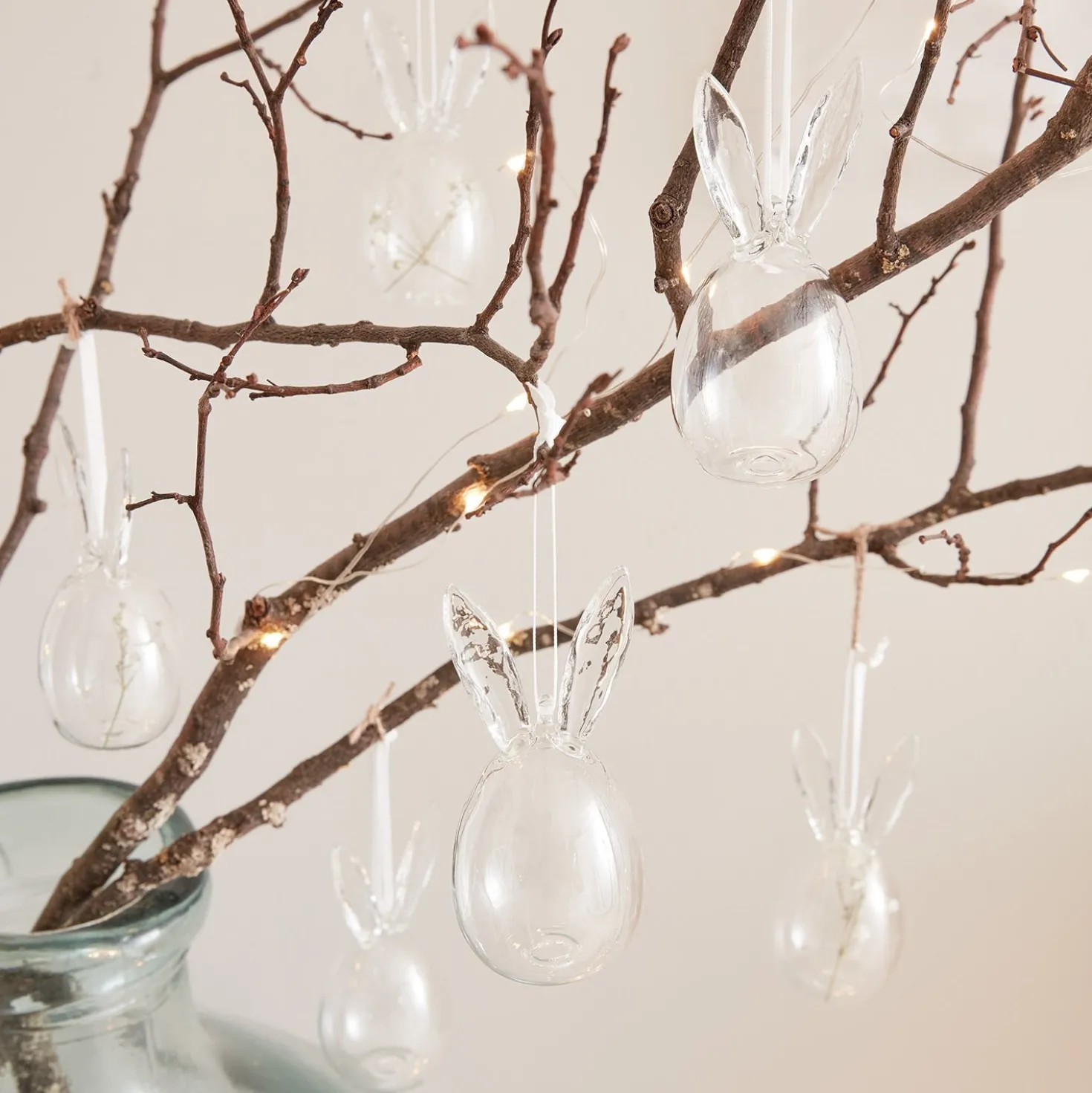 6er Set Ostereier mit Hasenohren aus Glas transparent