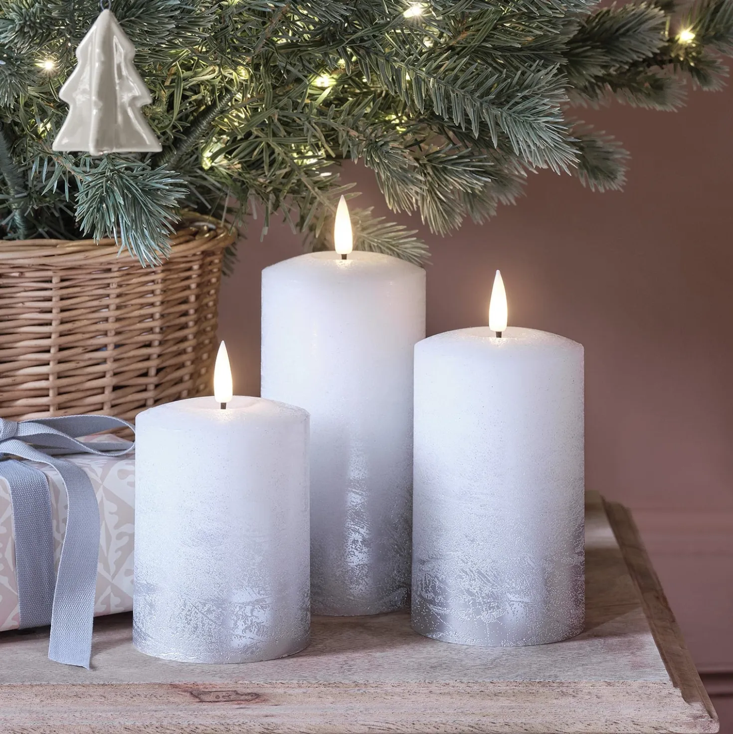 3er Set TruGlow® LED Kerzen Echtwachs silber ombré