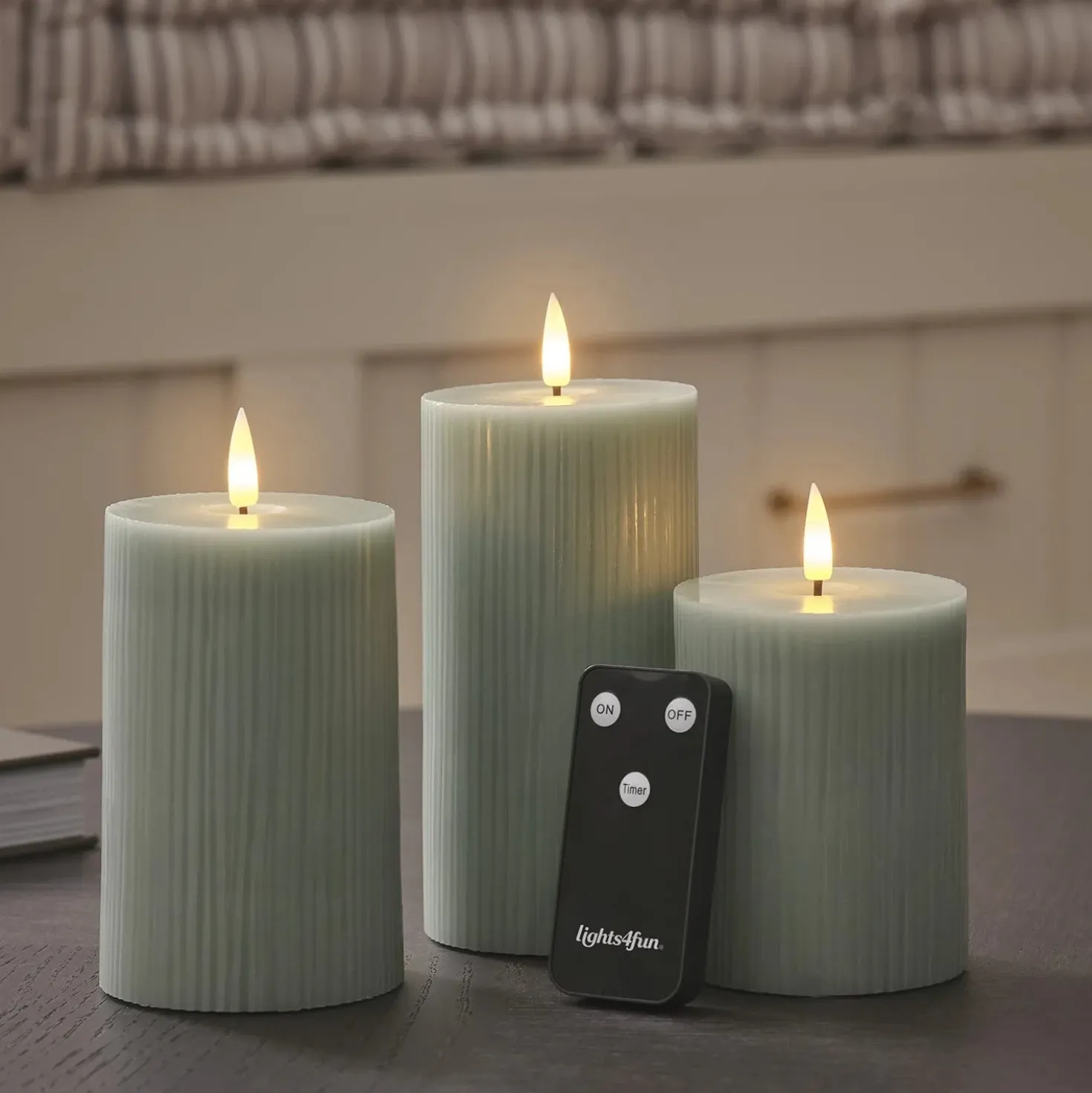 3er Set TruGlow® LED-Stumpenkerzen salbeigrün