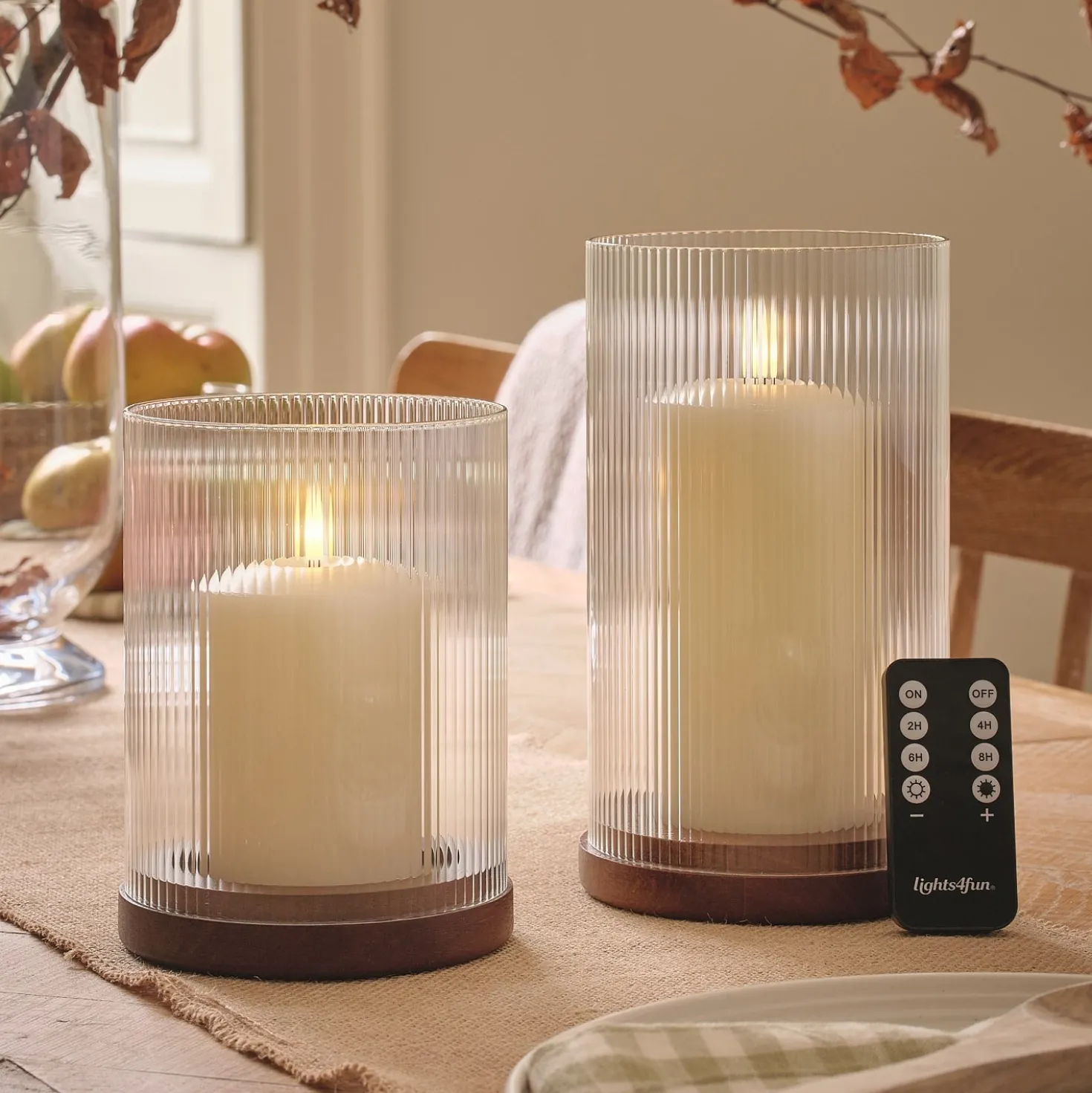 2er Set TruGlow® LED-Windlichter aus geriffeltem Glas mit Fernbedienung