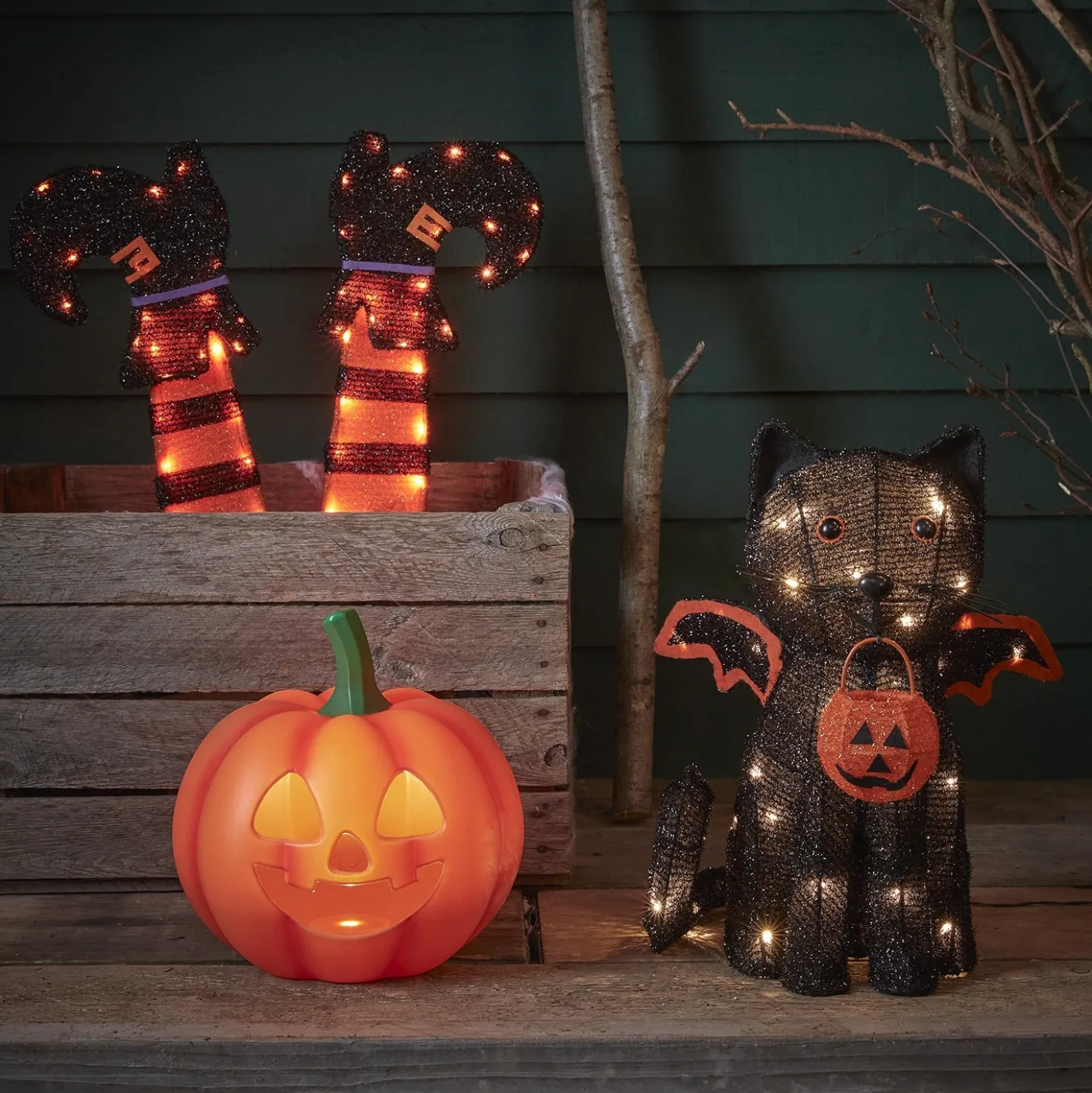 Halloweendeko außen Fledermaus-Katze Batteriebetrieb