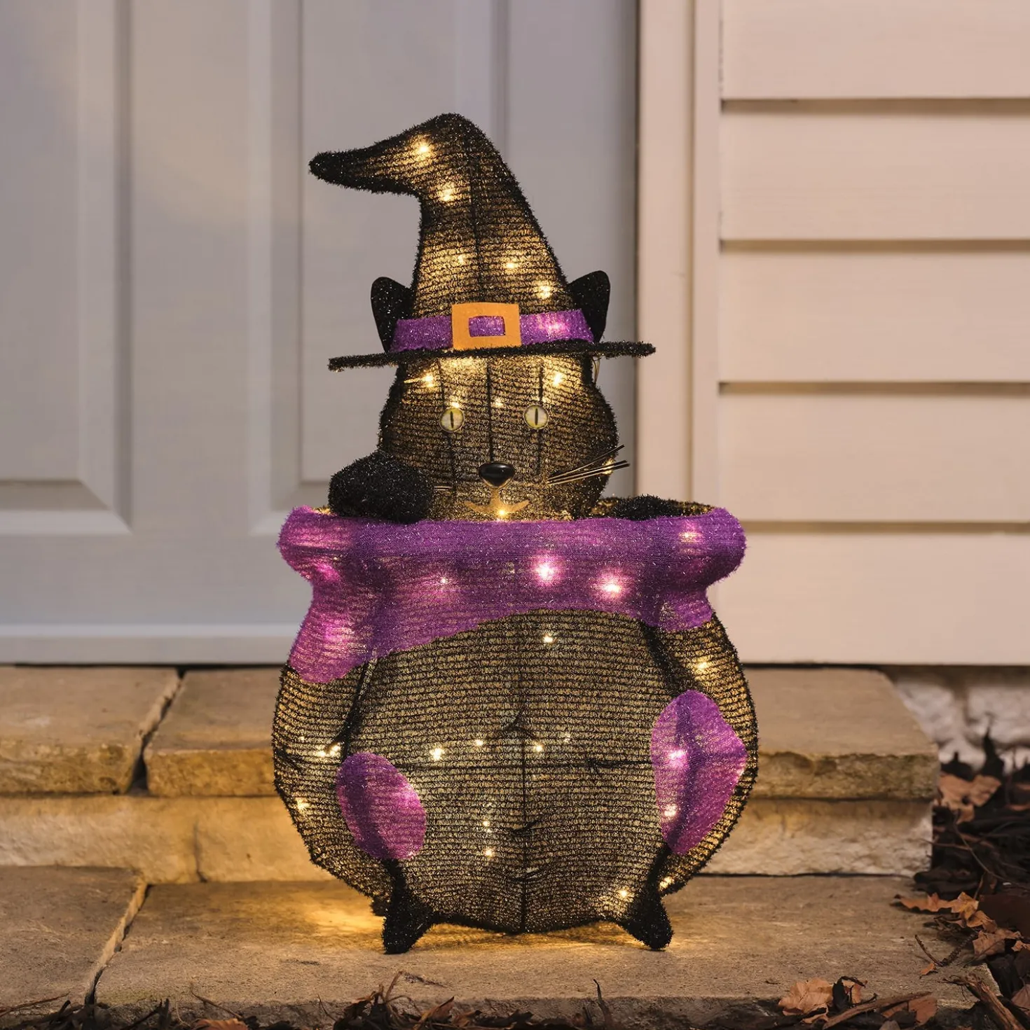 "Katze im Kessel" LED-Halloween-Figur für den Außenbereich