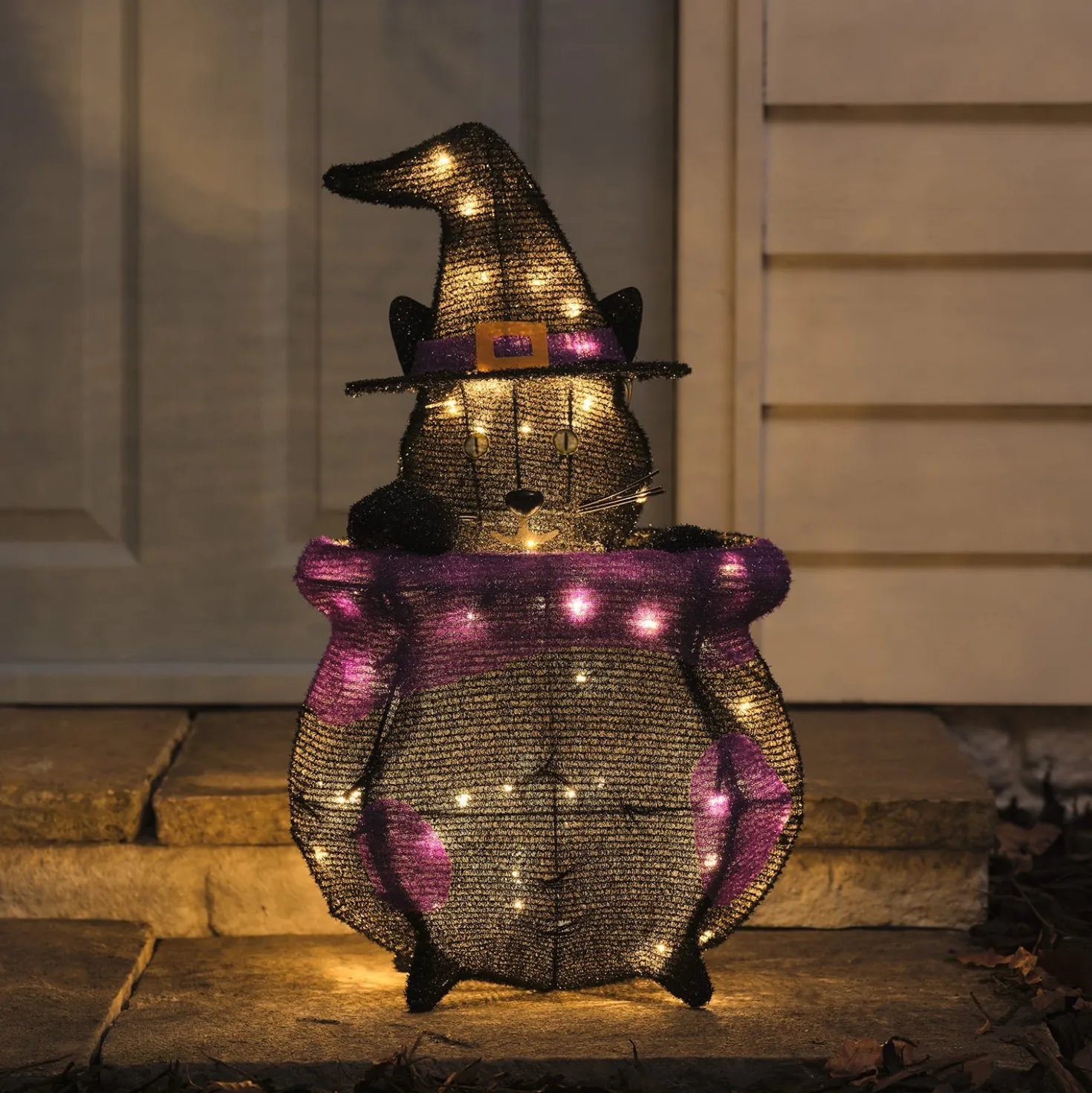 "Katze im Kessel" LED-Halloween-Figur für den Außenbereich