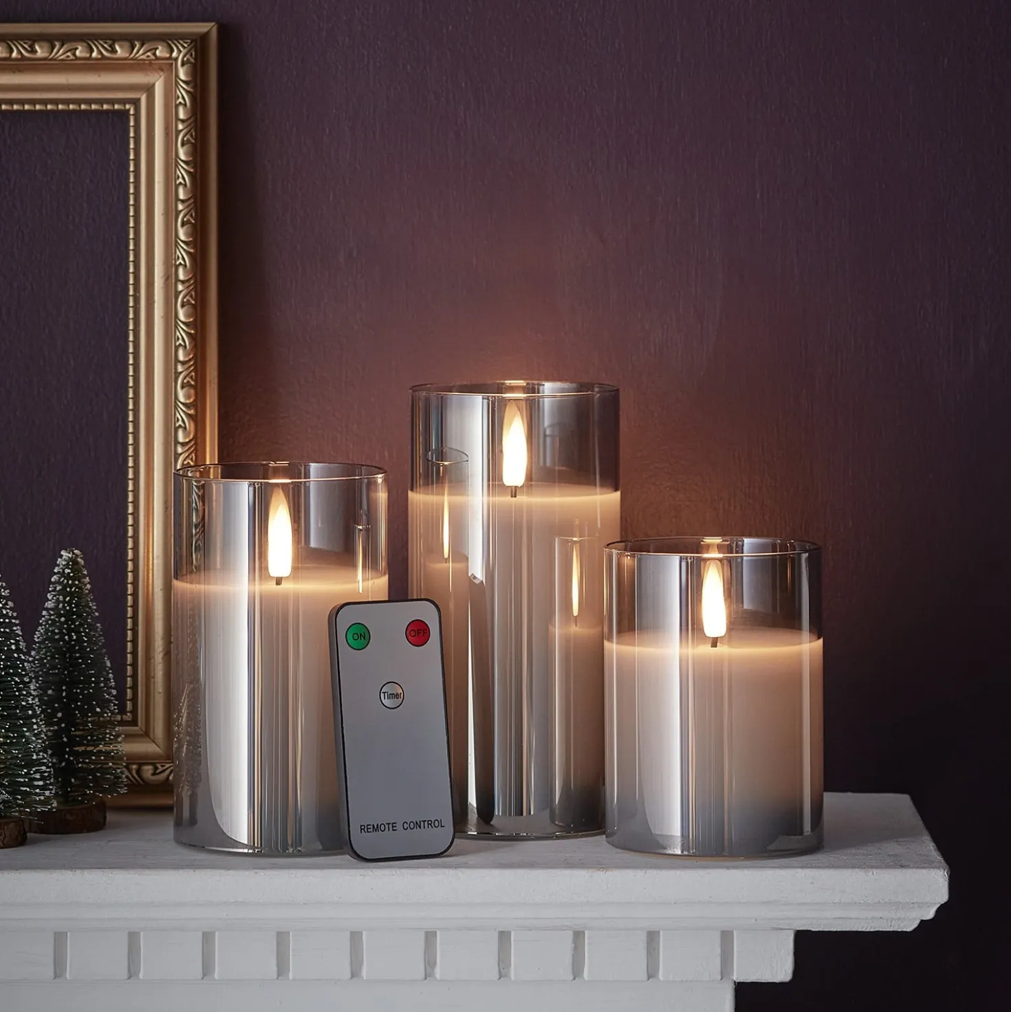 TruGlow® LED Kerzen Echtwachs Trio in Rauchglas mit Fernbedienung