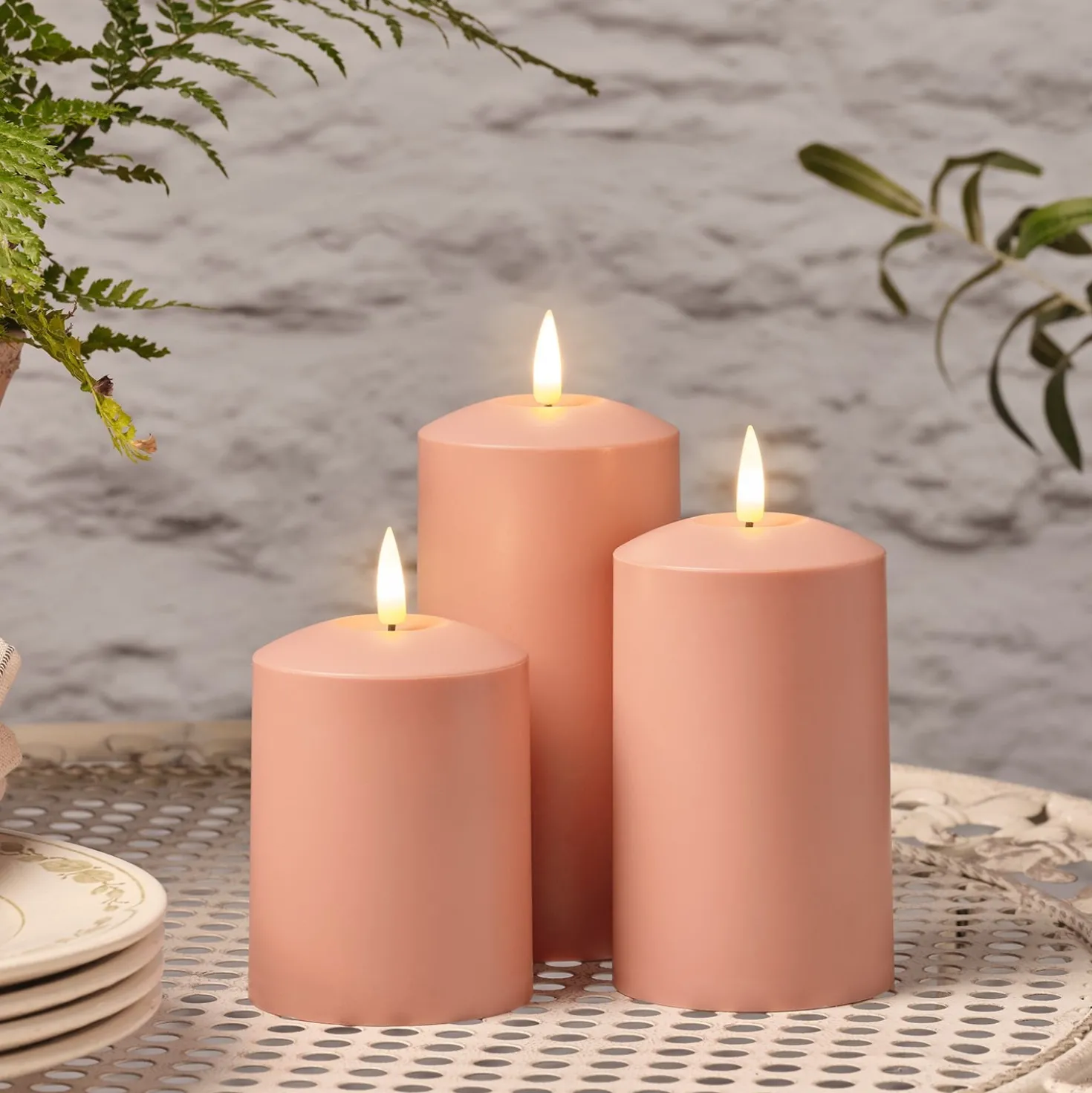 TruGlow® LED Outdoor Kerzen Trio terracottafarben mit Fernbedienung